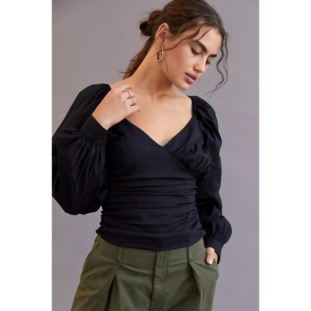 Anthropologie Sweetheart Puff-Sleeve Blouse Womens Size S Black Side Zip Gothic